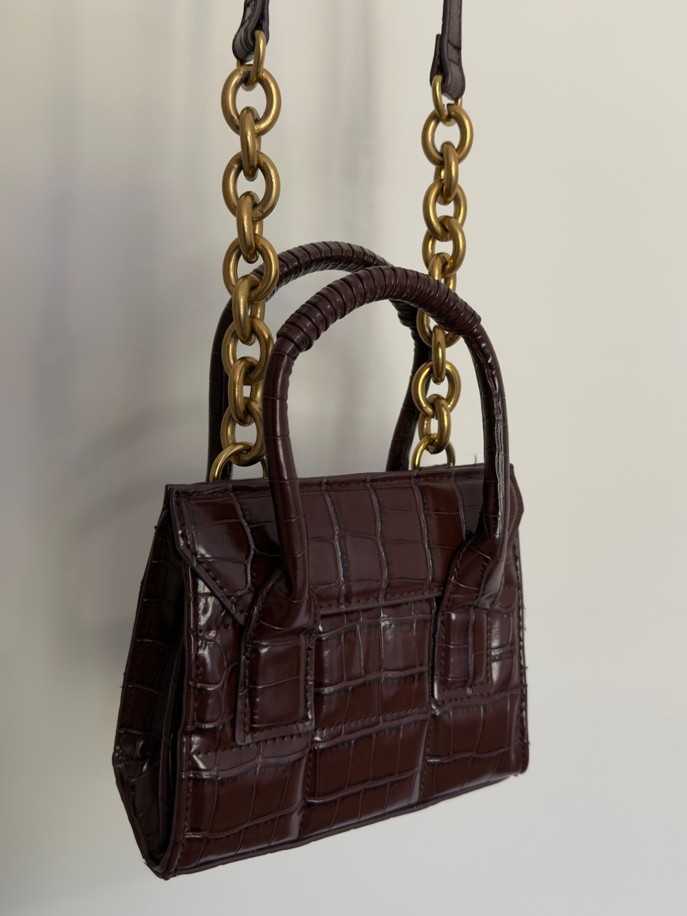 ZARA Brown Croc-Embossed Top Handle Bag with Chain Strap